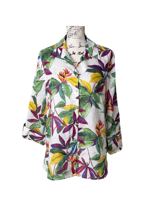 Chico's Tops - Chicos Womens Size 12 Linen Top Tropical Button-Up Shirt Leaf & Floral Pattern